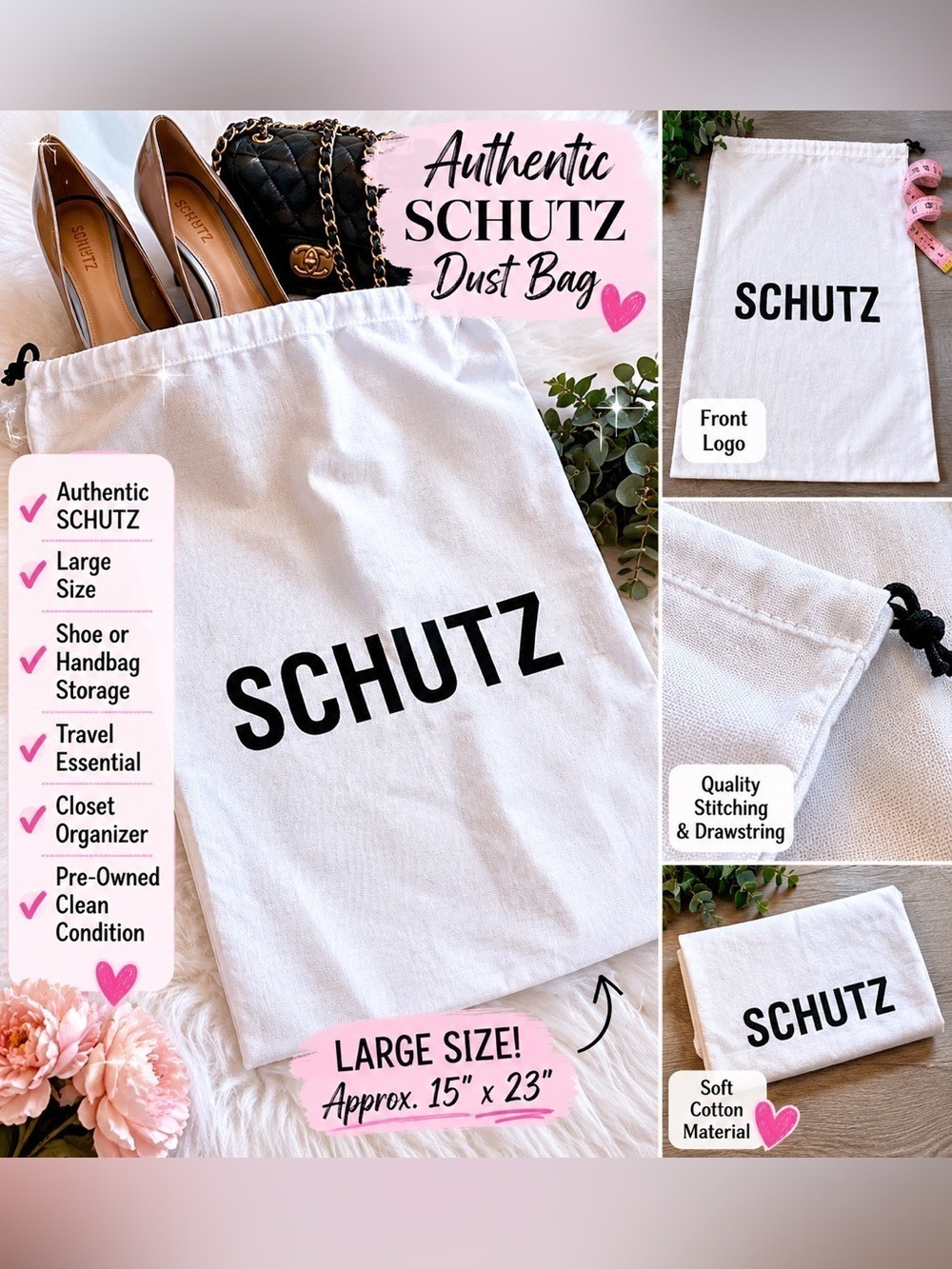 SCHUTZ Large Designer Dust Bag Shoe Bag Travel Storage White Black Logo